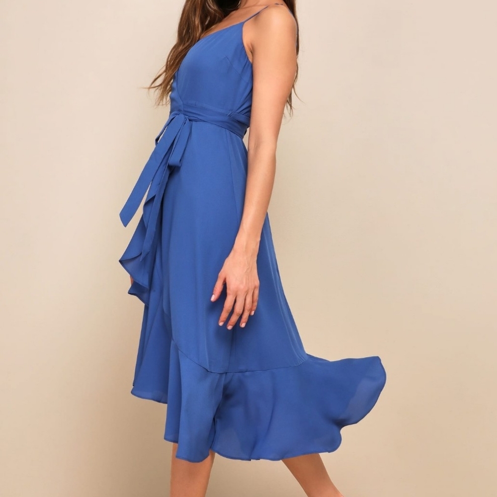 Lulu's Cornflower Blue Ruffle Wrap Midi Dress - Picture 3 of 9